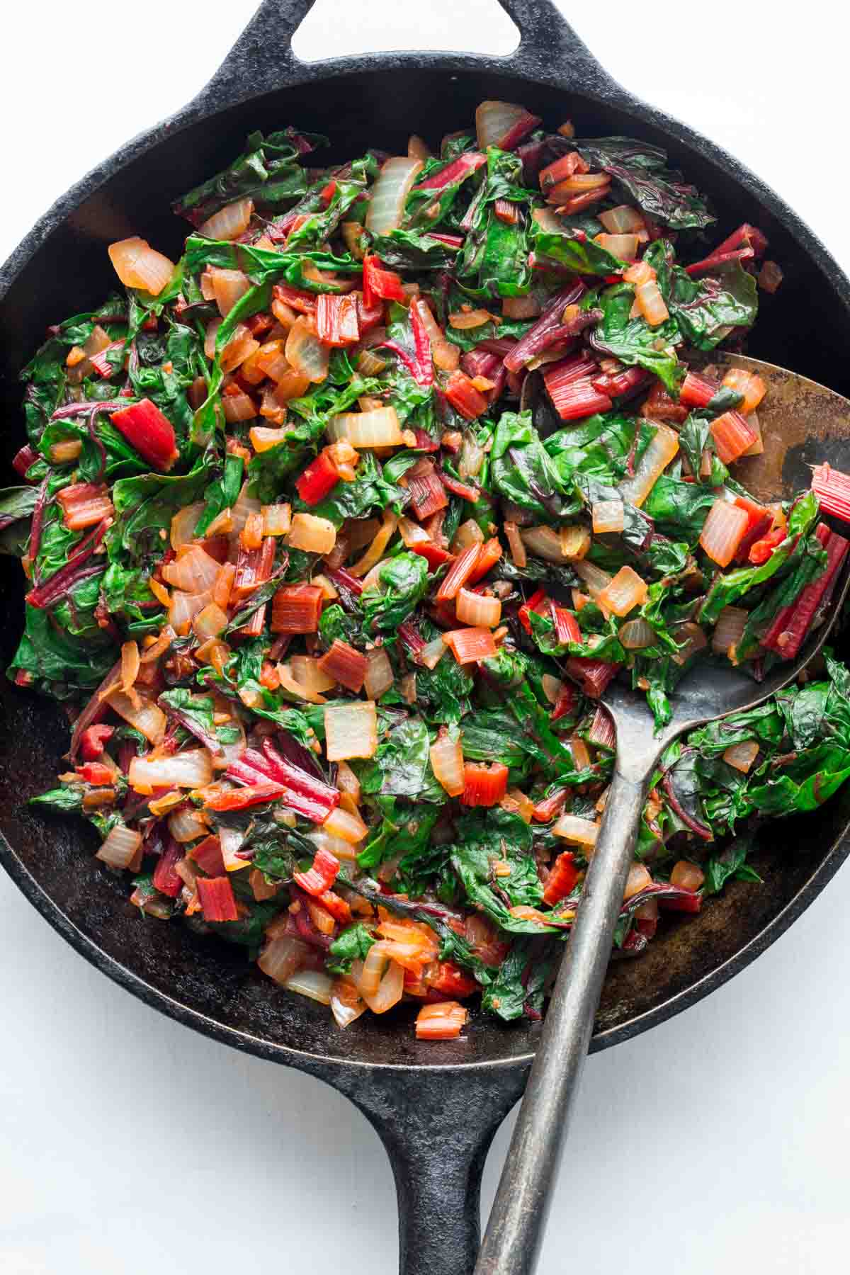 Pan-fried Swiss chard with garlic scapes