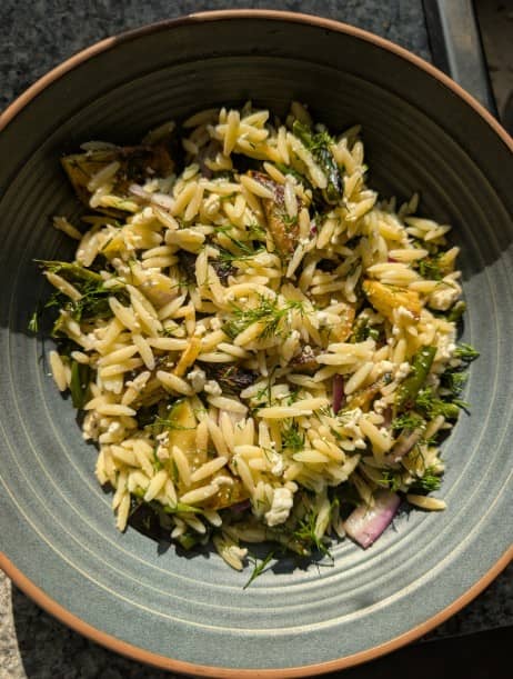 Garlic scape and radiatori summer salad