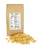 Brown paper 2 kg bag of Kaslo Sourdough classic macaroni pasta, with a pile of macaroni in front