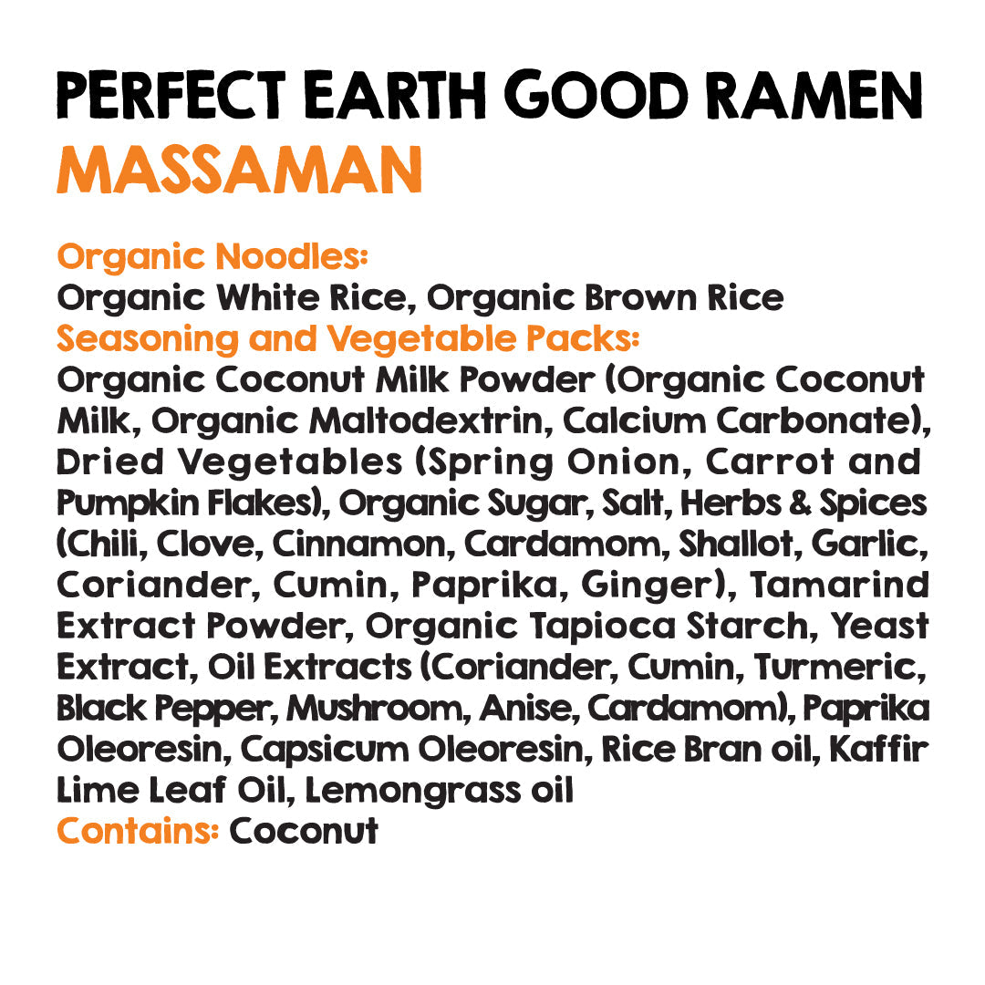 Ingredient and nutrition panel for Perfect Earth Massaman Curry ramen