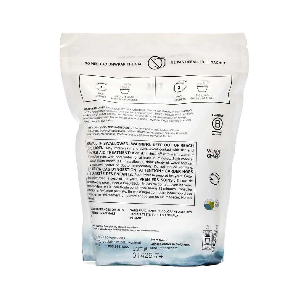 Back of the pouch showing dosing, ingredients and safety information