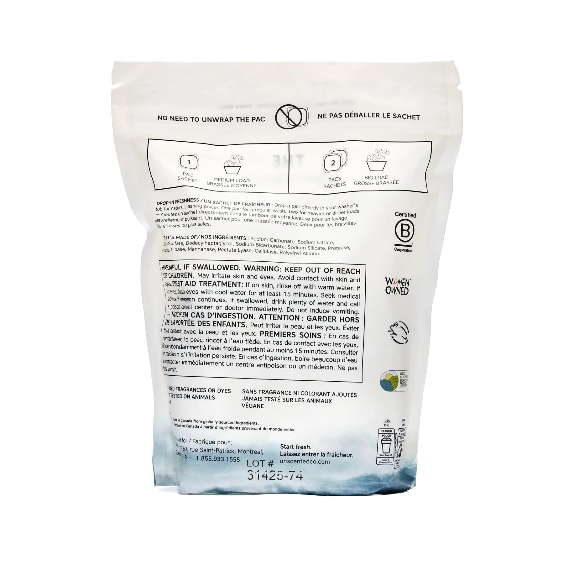 Back of the pouch showing dosing, ingredients and safety information