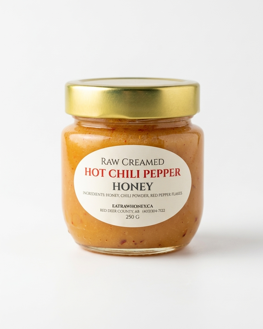 A 250 g jar of Eat Raw Honey raw creamed hot chili pepper honey