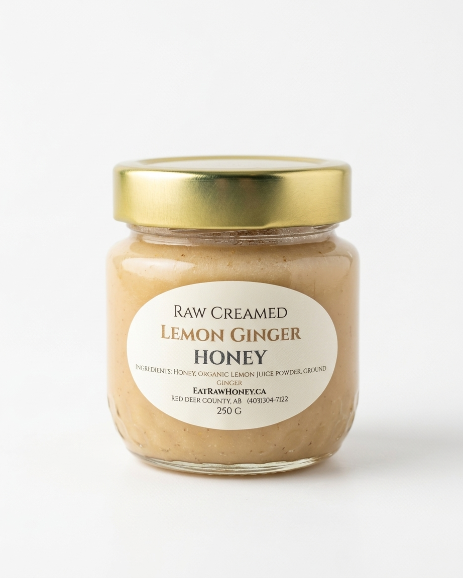 A 250 g jar of Eat Raw Honey raw creamed lemon ginger honey