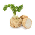 Whole celeriac root with celery leaves on top, beside a second root and a half cut to show the white inside