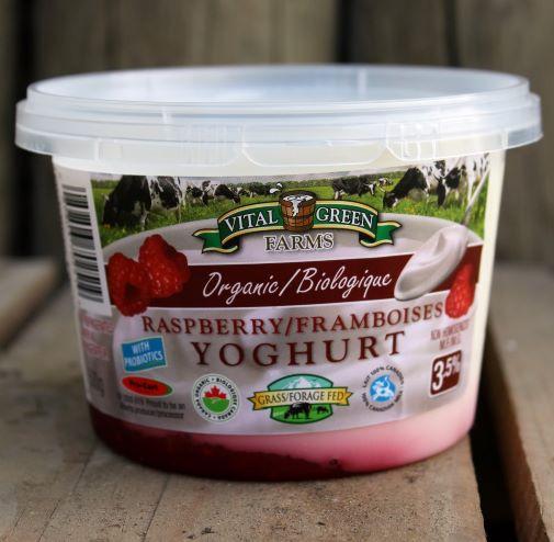 Vital Green Farms organic raspberry yogurt, 500 g tub