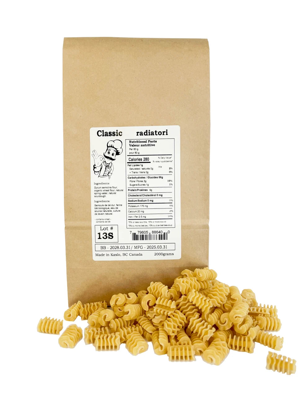 Brown paper 2 kg bag of Kaslo Sourdough classic radiatori pasta, with a pile of radiatori in front