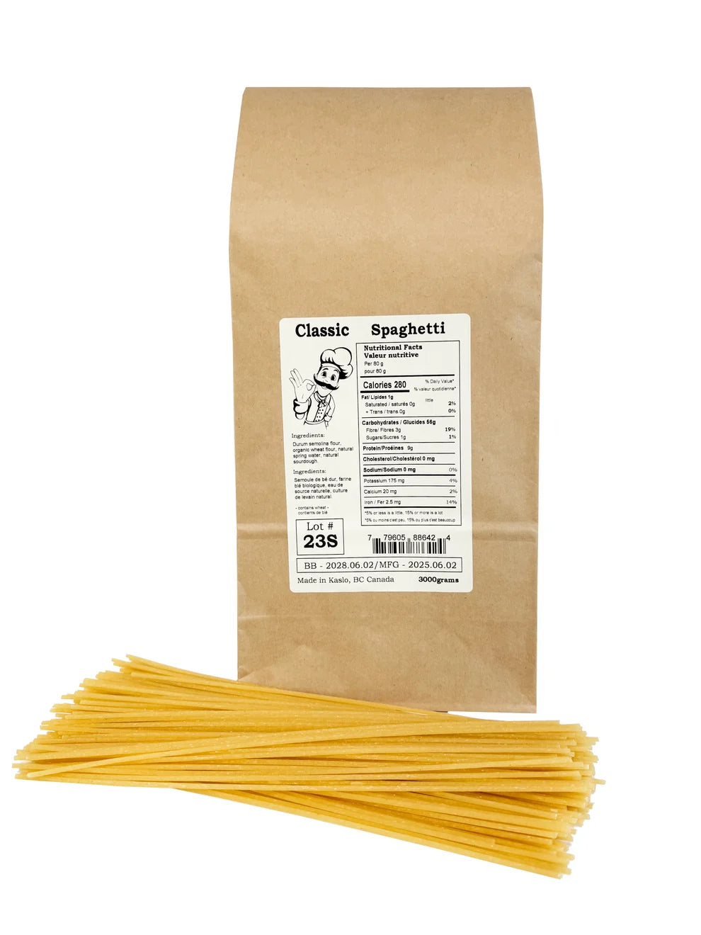 Brown paper 3 kg bag of Kaslo Sourdough classic spaghetti, with a bundle of spaghetti in front